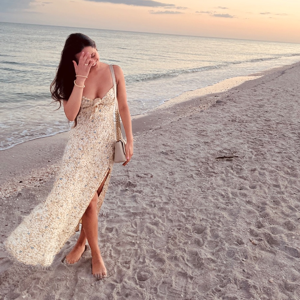 Cream Floral Maxi Dress with Front Slit